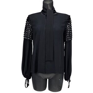 OSCAR DE LA RENTA Silk Tie Neck Black Blouse Top Size 8